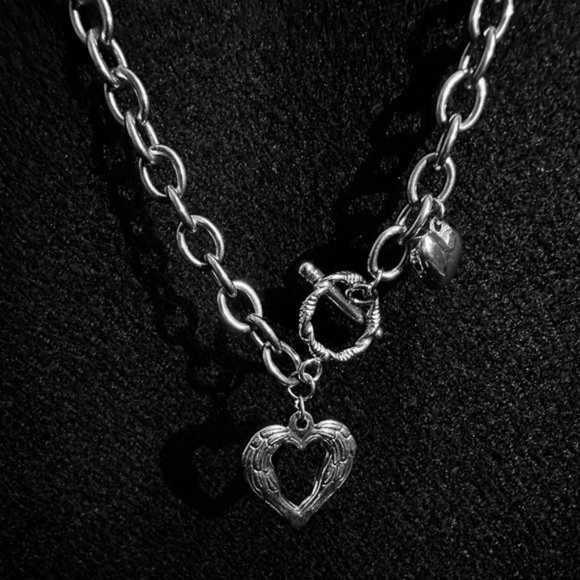 Silver Choker Necklace Heart Pendant OT Clasp Women - Picture 2 of 6